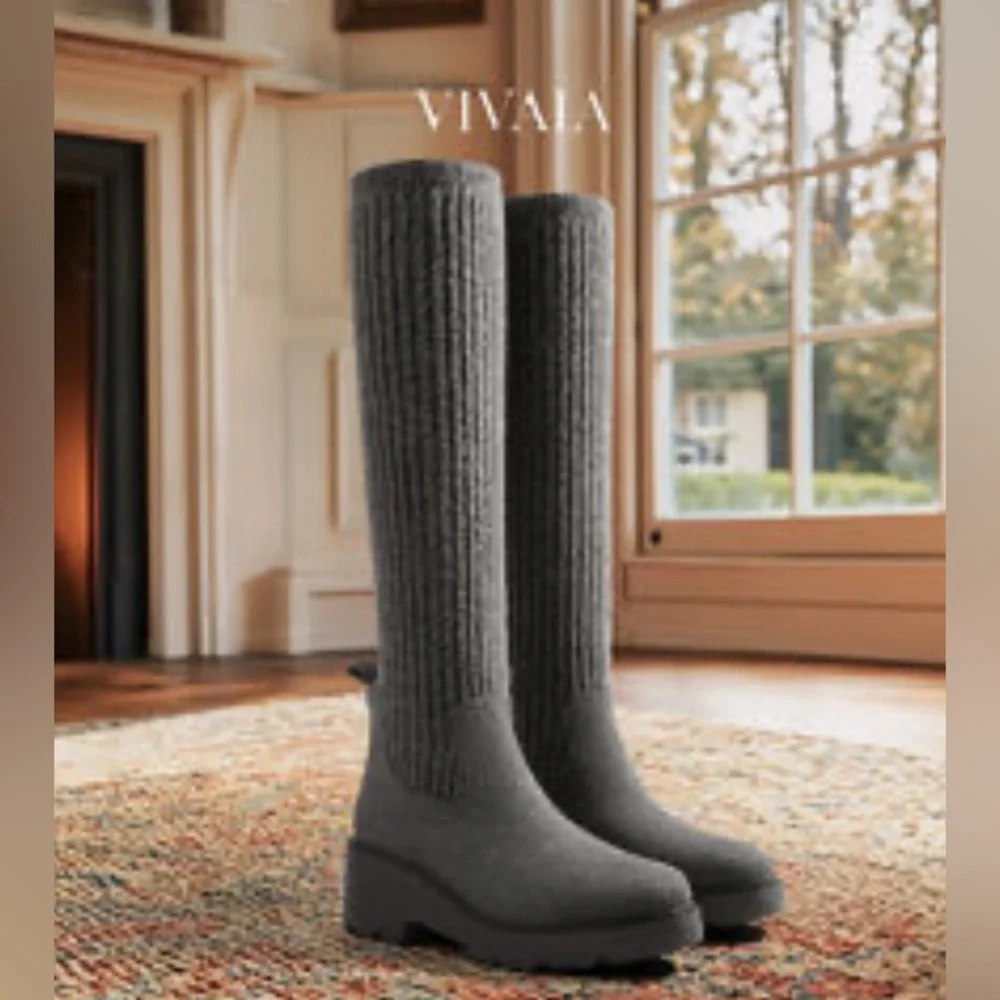 Vivaia Eduarda Knee High Wool Tall Boots Chunky Rich Gray Water Repellent $249 - Picture 10 of 13